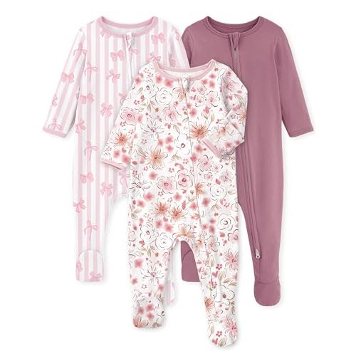 Yoofoss Baby Pajamas 100% Organic Cotton Newborn Sleepers Boy Girl Clothes | Two Way Zipper Footed Pjs for Newborn 0-3 3-6 6-9 12 18 24 Months, 3Pcs Soft Footies, Sleep and Play Baby Essentials