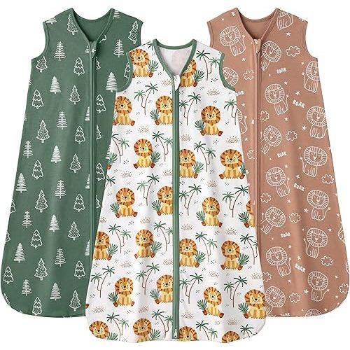 FIEMOL Baby Sleep Sack 6-12 months, 100% Cotton Sleeping Sack for Newborn and Infant, 3 Pack Baby Wearable Blanket, 0.5 Tog Lightweight Double Zipper Sleep Bag Medium Brown Green Lion