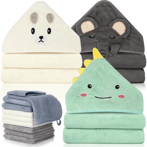 31x31 Inch Baby Hooded Towels, 12Pcs Bath Towels for Boys, Washcloth Set with Cute Design, Shower Towel Gift for Newborns, Infants and Toddlers