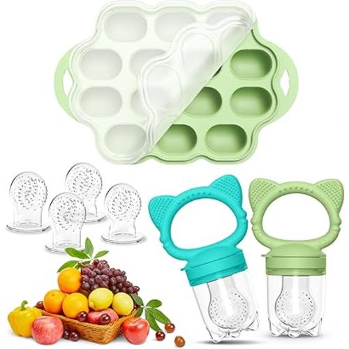 Baby Breastmilk Popsicle Molds & Silicone Baby Fruit Food Feeder, Silicone Baby Feeding Set for Baby Teething Relief, BPA Free Silicone Teething Toys teether, Includes 6 Extra Food Pacifier