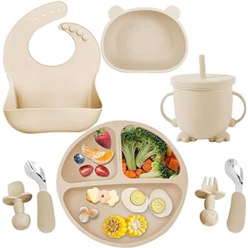 Silicone Baby Feeding Set, Baby Led Weaning Supplies 8 Pack with Suction Plate and Bowl, Self Feeding Spoons Forks Sippy Cup Adjustable Bib, Eating Utensils for 6+ Months - Beige