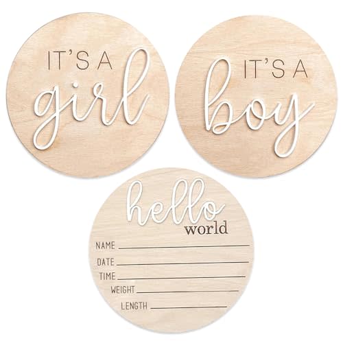 3 Pcs Baby Announcement Sign, 5 inches Wooden Hello World Newborn Signs, Birth Announcement Sign, Baby Shower Hospital Nursery for Newborn Boys and Girls (White)