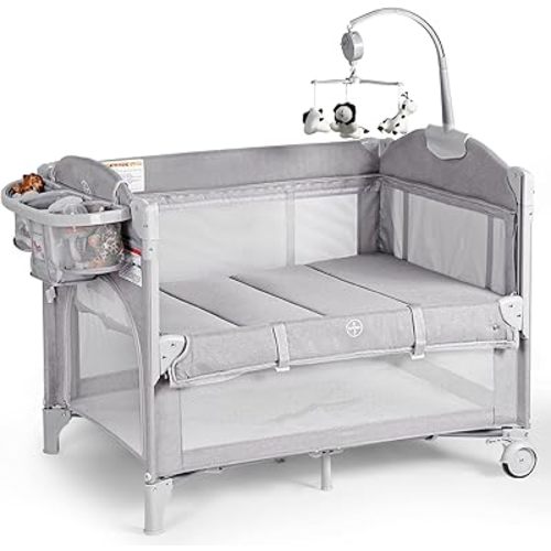 Baby Bassinets Bedside Sleeper, 4 in 1 Portable Bedside Crib w/Thickened Mattress, Diaper Changer, Storage Basket, Music Box, Carry Bag, Foldable Playard Sleeper for Newborn (Light Gray)