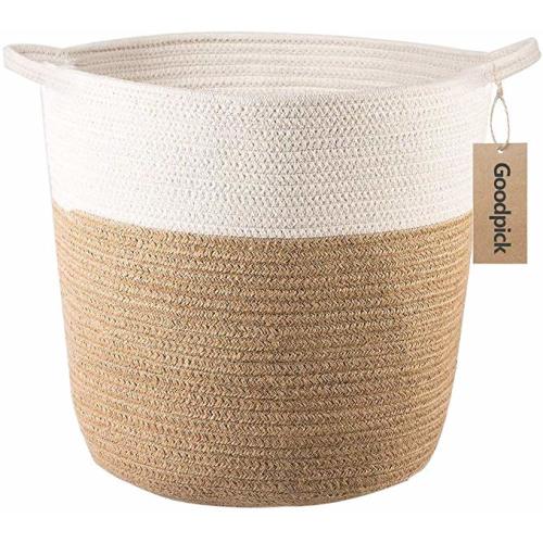 Goodpick Cotton Rope Storage Basket- Jute Basket Woven Planter Basket Rope Laundry Basket with Handles for Toys, Blanket and Pot Plant Cover, 16.0" x15.0" x12.6" - White - Jute