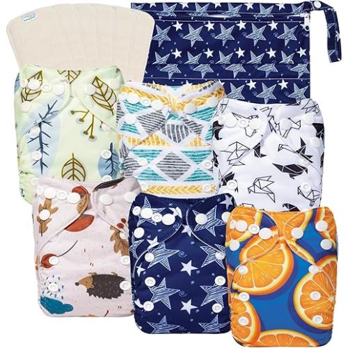 Newborn Cloth Diapers Pack of 13 for 5-12lbs, Cloth Diaper Covers 6 Pack with 6pcs Inserts and Wet Bag, Reusable Washable & Waterproof
