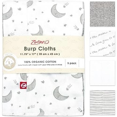 Zutano 5-Pack Organic Burp Cloths for Baby Girl & Boy, Large Cotton Burping Cloths for Babies | Absorbent Baby Spit-Up Rags | Gender Neutral Burp Clothes | Newborn Essentials, Love You to The Moon