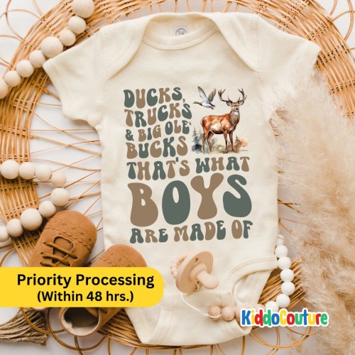 Retro Boys Are Made Bodysuit, Future Hunter Onesie®, That's What Boys Are Made Of Bodysuit, Ducks Truck Baby Onesie®, Big Ole Bucks Onesie®