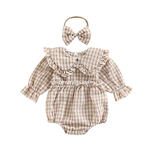 Emmababy Bubble Romper Baby Girl Ruffle Bodysuit Headbands Long Sleeve Plaid Romper Infant Fall Clothes Christmas Outfit