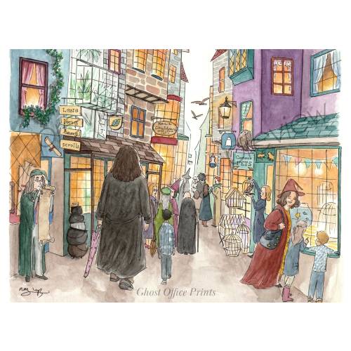 Witches Alley Watercolour Art Print Owl Wizard Street Painting Gift A4 Illustration Shambles York Edinburgh Gallery Wall Art Home Decor Book