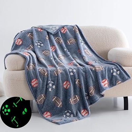 QSTEHEML Soccer Glow in The Dark Blanket,Football Gifts Toys for Kids Boys Age 3-12 Years Old,Birthday, for Toddler, Teen, Son, Soft Luminous Throw Blanket 50"×60"