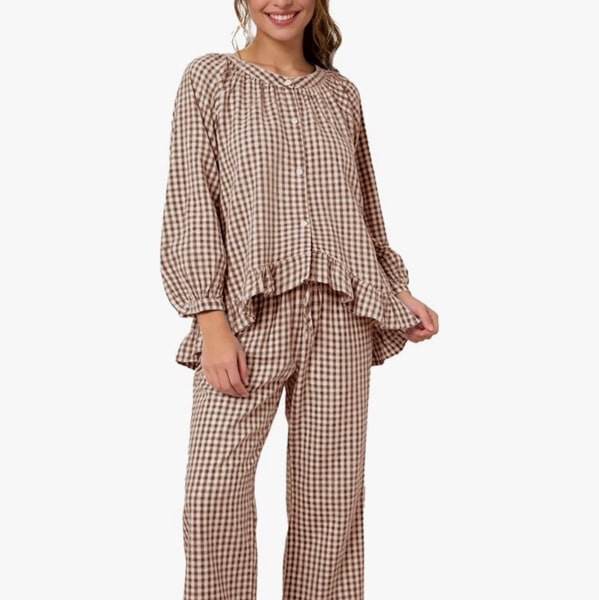 Flygo Womens Plaid Pajamas Sets 2 Piece Cotton Pj Set Puff Sleeve Ruffle Babydoll Shirt Gingham Pants Lounge Sets