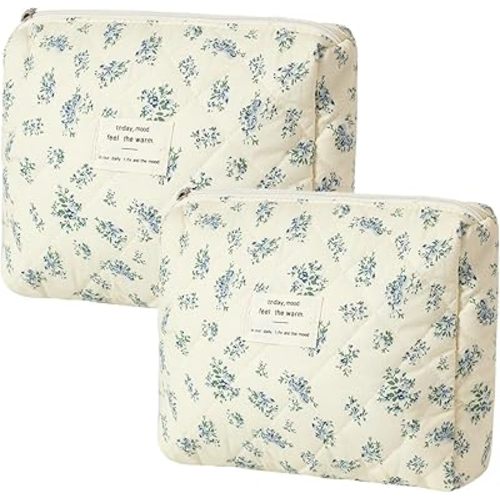 Quilted Cotton Makeup Bag 2Pcs Coquette Cosmetic Bag,Large Soft Floral Travel Toiletry Bag for Women and Girls(02 Blue flower)