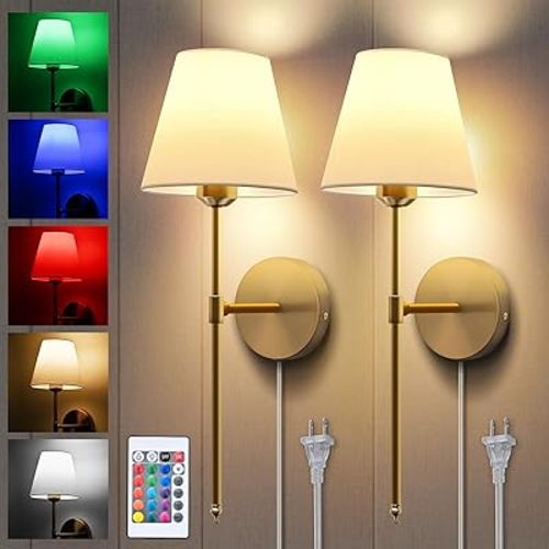 Plug in Wall Sconces Set of Two, Dimmable Wall Sconces White Fabric Shade with Remote Control,Wall Lamp with 6FT Plug in Cord,16 Colors Modes Wall Light for Bedroom Living Room,Antique Brass