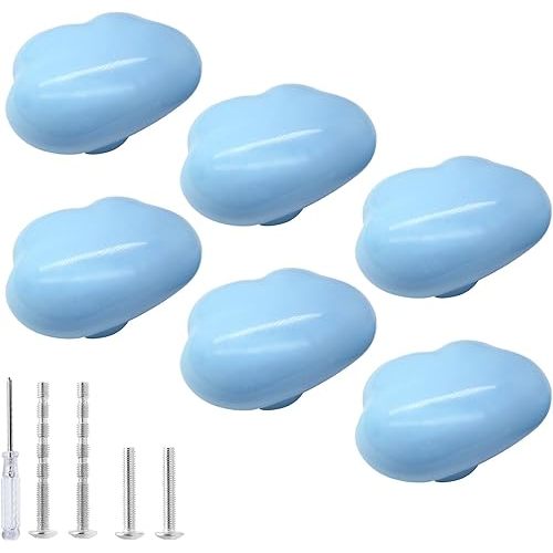 6pcs Ceramic Cabinet Knobs Blue Drawer Knobs, Cloud Shaped Dresser Knobs Cute Kitchen Cabinet Pull Handles, Small Vanity Knobs Hardware Closet Cupboard Knobs for Kids Girls Children's Bedroom