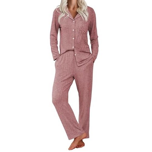 Ekouaer Womens Ribbed Knit Pajama Sets 2 Piece Lounge Set Long Sleeve Button Down Pjs Sleepwear Set with Pockets