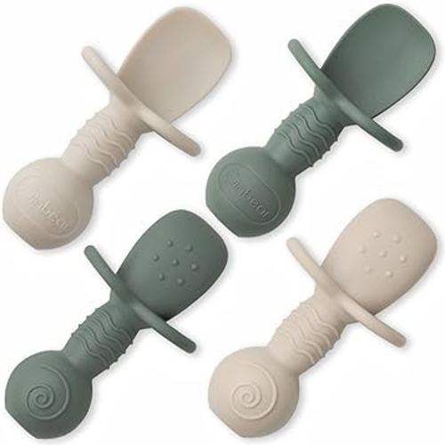 Ginbear Platinum Silicone Baby Spoons Self Feeding 6 Months First Stage, Non Toxic Infants Led Weaning Utensils for Training, Soft BLW Supplies Pack of 4 (Dark Sage/Ivory)