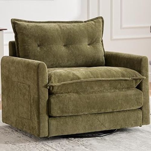 Oversized Swivel Chair, 36" Chenille Swivel Armchair Accent Chair for Living Room, Mid Century Modern Comfy Thick Padded Arm Chairs, Green
