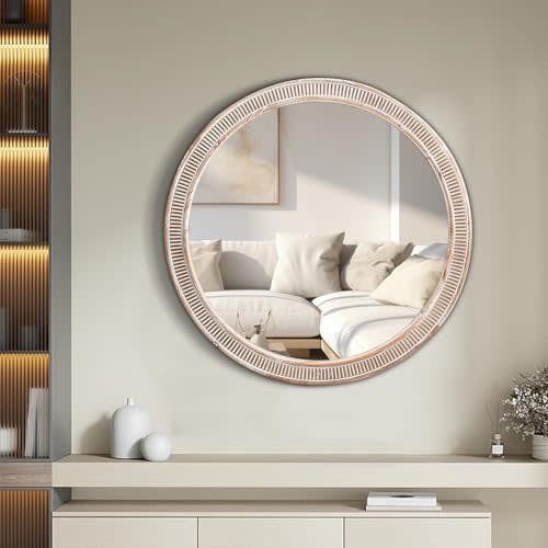 HOITUZYUS Round Wood Mirror, 24 Inch Farmhouse Decorative Mirror Boho Circle Mirror for Wall Decor, Rustic Accent Mirror for Bathroom, Bedroom, Living Room, and Foyer