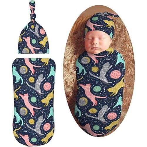 Cats with Space Newborn Swaddle Blankets Hat Sets Soft Baby Receiving Blanket Swaddle Sack for Baby Shower Infant Boy Girl Gift