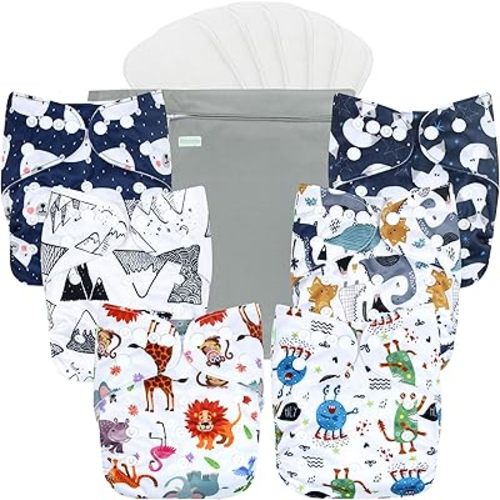 wegreeco Cloth Diapers 6 Pack with 6 Inserts & 1 Wet Bag, Washable Cloth Diapers for Babies, One Size Adjustable Reusable (Cool Animals)