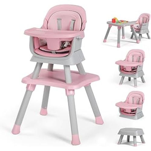 Kinder King 8 in 1 Baby High Chair, Coverts to Dining Booster Seat/Kids Table & Chair Set/Toddler Building Block Table/Kids Stool, Removable Tray & Double Seat Cover, Easy to Wipe, Grey & Pink