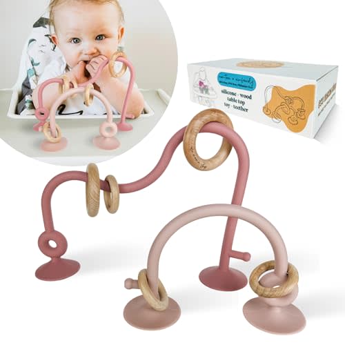 Eco Mama Shop: Silicone and Wood Table Top Toy and Teether, Montessori Educational Toys for Infant Toddlers, High Chair Toys with Suction Cups, Silicone Teething Toys (Dark Pink and Dusty Rose)