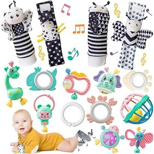 15Pcs Baby Wrist Rattles & Foot Finders Sock,Newborn Hand and Foot Rattles/Teething Toy for Babies,Educational Development Infant Toys,Infant Rattle Socks for 0-12 Months Child Gift…