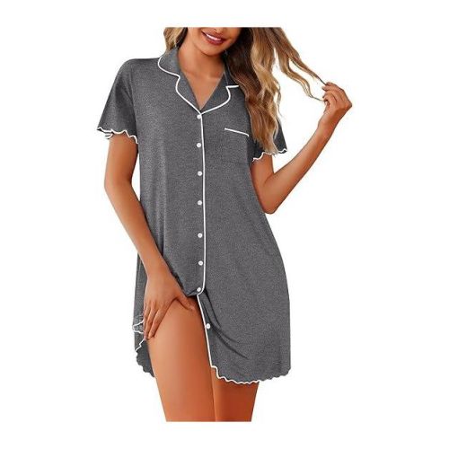 Ekouaer Nightgowns for Women Button Down Sleep Shirt Short Sleeve NightShirts Boyfriend Sleepdress Soft Pajama Dress Dark Gray XL
