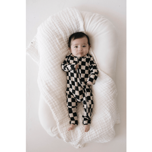 forever french baby Bamboo Zip Pajamas | Black Checkerboard — buybuy BABY