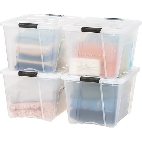 IRIS USA 54 Qt Stackable Plastic Storage Bins with Lids, 4 Pack - BPA-Free, Made in USA - See-Through Organizing Solution, Latches, Durable Nestable Containers, Secure Pull Handle - Clear