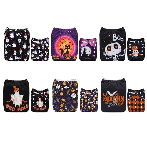 ALVABABY Halloween Cloth Diapers 6 Pack with 12 Inserts One Size Adjustable Washable Reusable for Babies 6QH03