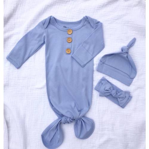Periwinkle Blue Organic Cotton Knotted Gown,0-3 Months, Going Home Set, Shower Gift, New Baby, Photo Prop, Gender Neutral
