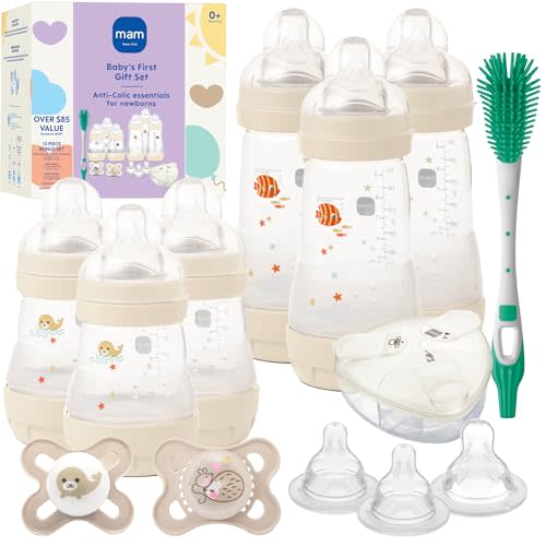 MAM Baby's First Easy Start Anti-Colic+ Baby Bottle Set | 6 Easy Start Bottles (5oz & 9oz) 8 SkinSoft Nipples (Extra Slow & X-Fast Flow), 1 Glow in The Dark Pacifier, & Brush