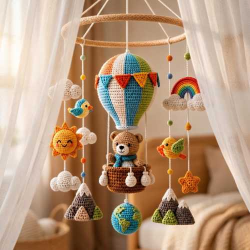 Custom Crochet Baby Mobile, Hot Air Balloon Nursery Mobile with Bear, Handmade Baby Mobile, Nursery Decor, Baby Shower Gift, Newborn Gift