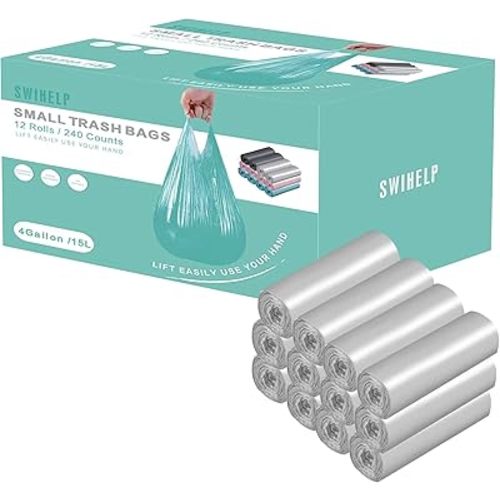 Small Trash Bags 240 Count Garbage Bags SWIHELP Waste Basket Liners for Bathroom, Kitchen,Bedroom, Office Pet Car 15 Liter Trash Can 4 Gallon…