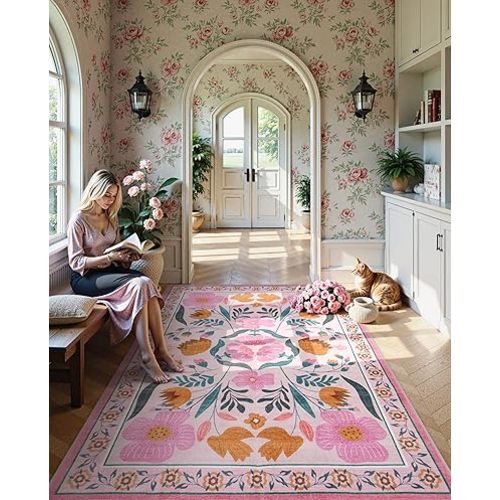 Pink Rug Washable Area Rugs 8x10, Floral Boho Soft Nursery Rug Non-Slip Ultra-Thin 8x10 Living Room Carpet, Vintage Farmhouse Low-Pile Carpet for Bedroom Dining Room (8x10ft,Pink)