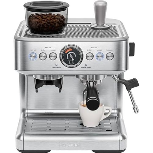 Chefman Crema Supreme 15 Bar Espresso Machine with Milk Frother, Barista Steam Wand, Professional Coffee Maker with Coffee Grinder, 30 Grind Settings, 3L Removable Water Tank - Stainless Steel