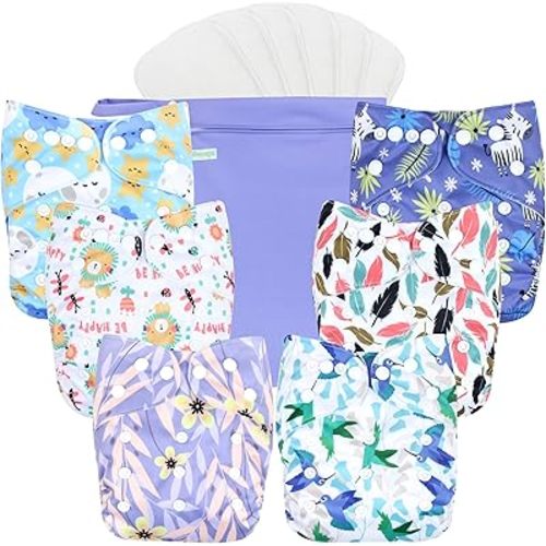 wegreeco Cloth Diapers 6 Pack with 6 Inserts & 1 Wet Bag, Washable Cloth Diapers for Babies, One Size Adjustable Reusable Diapers Baby (Leaves, Animals)