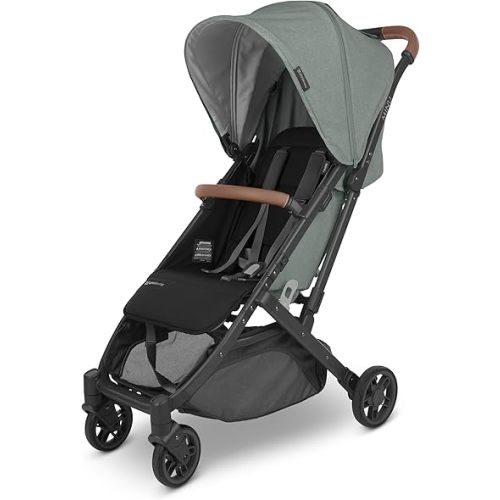 UPPAbaby Minu V2 Travel Stroller/Lightweight, Portable Design/One-Hand Fold/Shoulder Strap and Leather Bumper Bar Included/Gwen (Green Mélange/Carbon Frame/Saddle Leather)