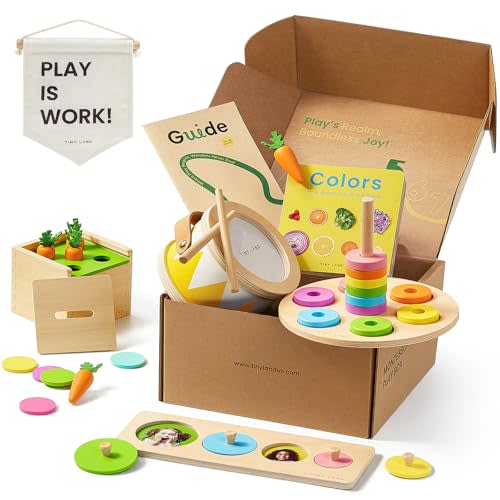 Tiny Land Montessori Toy Set for Baby 13-15 Months Explorer Play Kit - 7-in-1 Baby Drum, Carrot Harvesting and Coin Boxes, Stacking and Color Matching Plate, Size Matching Puzzle, Color Board Book