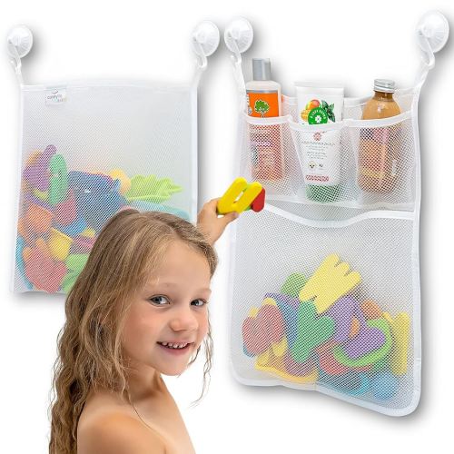 Amazon.com: 2 x Mesh Bath Toy Organizer + 8 Ultra Strong Hooks – The Perfect Bathtub Toy Holder & Bathroom or Shower Caddy – These Multi-use Net Bags Make Baby Bath Toy Storage Easy – For Kids & Toddlers : Toys & Games