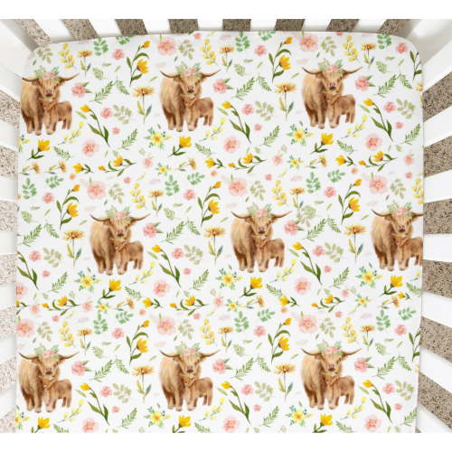 Highland Cow Boho Flowers Baby Crib Sheet for Girl Boy Yak Retro Flowers Leaves Crib Mattress Covers for Standard Crib and Toddler Mattress Animals Soft Baby Sheet 52''x28''
