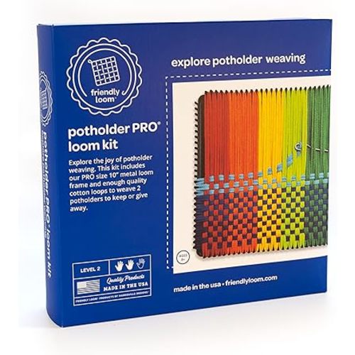 Friendly Loom Potholder Pro Weaving Kit | 10”x10” Sturdy Metal Loom and Quality Cotton Weaving Loops | Complete Kit to Weave 2 Large, Durable Potholders | Made in The USA