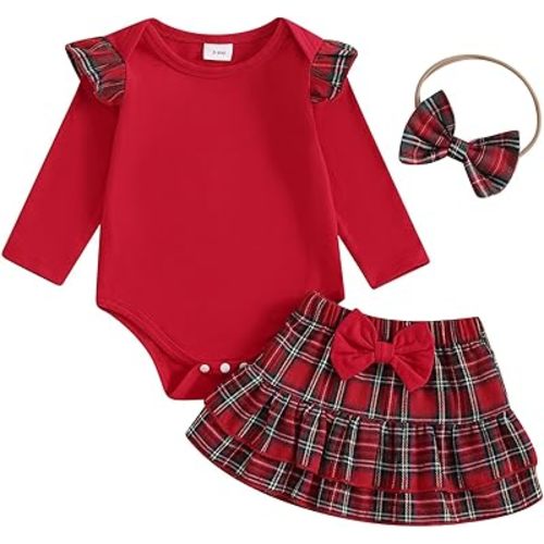 Kuriozud Cute Newborn Baby Girl Fall Winter Outfit Long Sleeve Ruffle Romper Plaid Bow Skirt Set Headband 3 Piece Clothes
