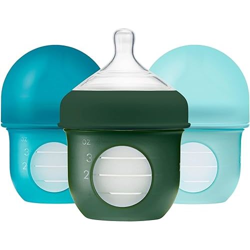 Boon Nursh Reusable Silicone Baby Bottles with Collapsible Silicone Pouch Design - Everyday Baby Essentials - Stage 1 Slow Flow Baby Bottles - Blue - 4 Oz - 3 Count