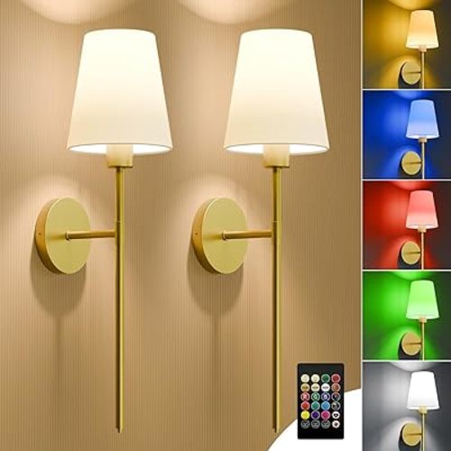 Battery Operated Wall Sconces Set of Two, Gold Wireless Wall Lights with 5200mAh Dimmable Bulbs and Remote, 12 Color Rechargeable Wall Sconce for Bedroom Living Room Hallway, 24 Inch