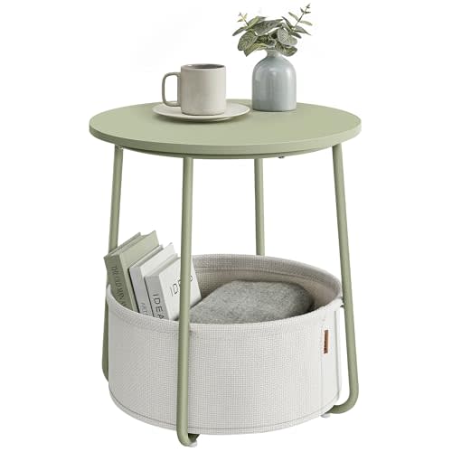 VASAGLE Small Round Side End Table, Modern Nightstand with Fabric Basket, Laurel Green and Cream White ULET223C69