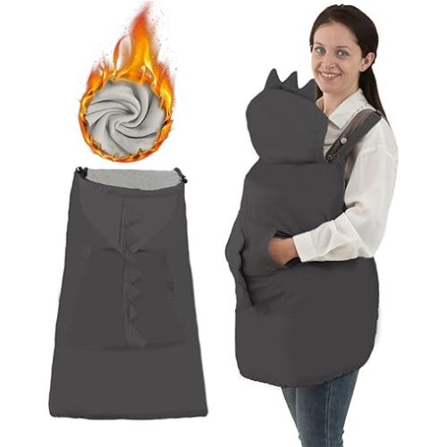 Baby Carrier Winter Cover with Big Pockets, Baby Carrier Cover with Hood, Waterproof & Windproof, Universal for Baby Carriers and Baby Waist Stool, Suit for All Seasons, Black Dinosaur