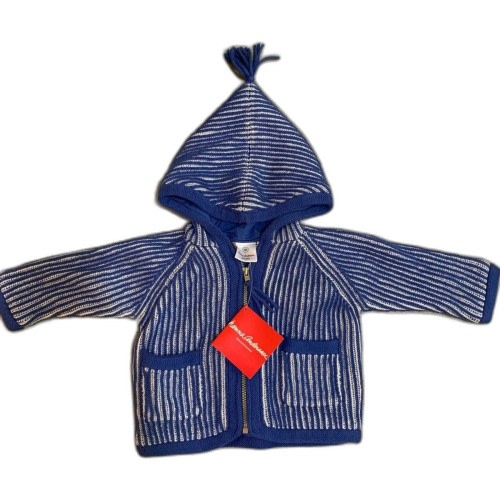 Hanna Andersson Blue and White Knit Hooded zip front Sweater size 60 baby