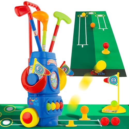 ToyVelt Toddler Golf Set - Kids Golf Clubs with 6 Balls, 4 Golf Sticks, 2 Practice Holes and a Putting Mat - Promotes Physical & Mental Development (Blue)